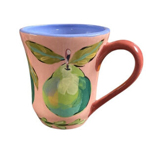 Droll Designs Green Pear Mug Pottery Hand Painted Purple Signed 2007